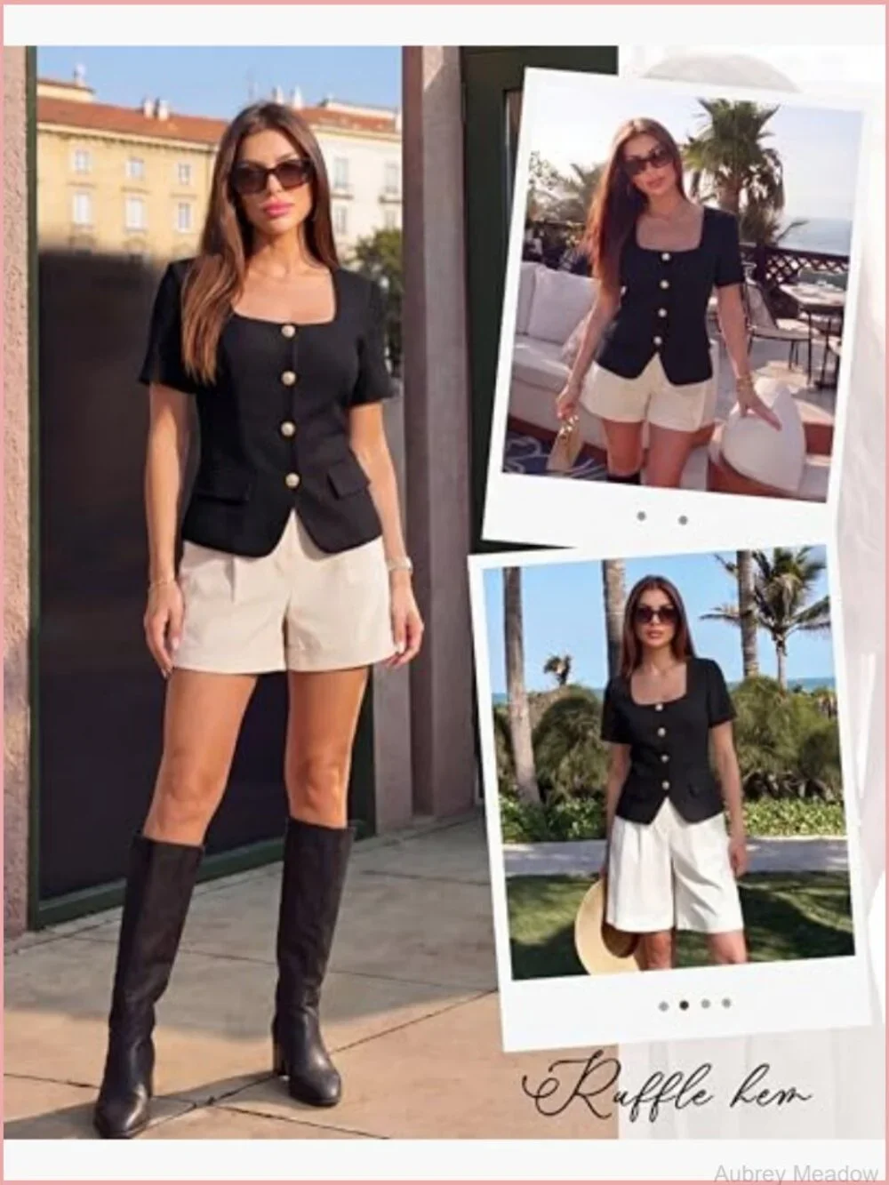 Short Sleeve Square Neck Blazer with Pockets Dressy Casual Work Jacket